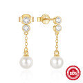 wholesale S925 Sterling Silver Diamond-Accented Chain Tassel Pearl Earrings-0-5