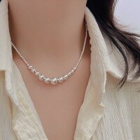 wholesale S925 Sterling Silver Bling Crystal Silver Bead Necklace Women Korean New Wholesale Design Sense Heavy Duty Choker-Pure silver (40+5CM)