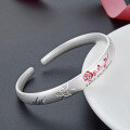 wholesale Sterling Silver S999 Open Rose Flower Bracelet for Women, Vintage Carved Textured Bangle, Fashionable Personality Silver Bracelet-0-3