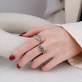 wholesale S925 Sterling Silver Vintage Bohemian Style Antique Unique Three-Dimensional Rose Twin-Stem Twisted Adjustable Ring-0-2