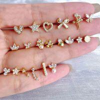 wholesale S925 Sterling Silver European and American Piercing Threaded Ear Stud Single Small Ear Cartilage Stud Personalized Unisex Zircon Earrings in Various Shapes-Gold (single) 12