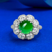 wholesale S925 Sterling Silver Exquisitely Set High Ice Green Chalcedony Elegant 8mm Cabochon Agate Ring, Hot Seller in Live Broadcasts-R1223 Chrysoprase Ring Size 8