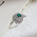 wholesale S925 Sterling Silver Lab-Grown Emerald Intricate Floral French Vintage Courtly Style Ring-0-2