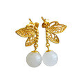 wholesale [Gold-Plated 925 Silver Butterfly Inlaid with Hetian Jade Earrings, Wholesale Palace Ancient Style 8mm Round Bead Jade Ear Drops]-0-4