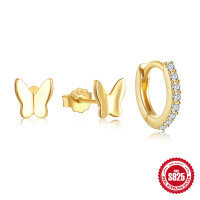 wholesale 925 Sterling Silver Minimalist Geometric Butterfly Stud Hoop Earrings Set, Hot-Selling Ins Earrings for Women-3-piece set - Platinum #2 925 silver