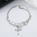 wholesale S925 Sterling Silver French-style Double-layer Pearl Cross Bracelet, Trendy Punk Ins Style Internet Celebrity Elegant Accessory for Women-0-0