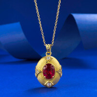 wholesale S925 Gold-Plated Silver Ancient Method Garnet Brushed Pendant Adjustable Chinese Style Gold Necklace-N453 Garnet Brushed Pendant [with chain]  925 Silver