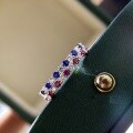 wholesale S925 Silver Red and Blue Sapphire Thin Ring, Fashionable and Individualistic Ring, Delicate Row of Diamonds Ring, Minimalist Style, Trendy Ins Ring-0-1