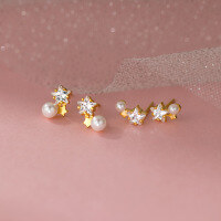 wholesale S925 Sterling Silver Light Luxury Minimalist Small Star and Pearl Stud Earrings with Diamond Accents M0585-Silver-One pair Small 0.8CM