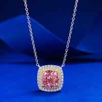 wholesale High-carbon gold jewelry, new collection, padparadscha 8*8 electric gold necklace with luxurious micro-pave pendant for women-N342 Padparadscha>925 Silver