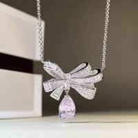 wholesale Platinum-Electroplated 925 Silver Bow-Shaped Waterdrop Pendant Necklace for Women with Full Pavé-Inlaid High-Carbon Zirconia-White-XL033 925 silver