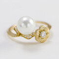 wholesale Rose gold-plated Chinese-style lightweight luxury textured lotus shell pearl versatile women's elegant ring with moissanite-embedded floral design-0-1