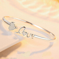 wholesale Metal Material: 925 Silver Love Heart Open Bangle for Women, Trendy Light Luxury Sweet Niche Design Minimalist Bracelet, Douyin Same Style-xb885-LOVE heart-shaped open bracelet (copper plated silver)