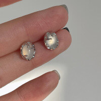 wholesale S925 Sterling Silver Translucent White Agate Natural Stone White Chalcedony Earrings Lava Texture Oval Earrings High-end Minimalist-Platinum 925 silver