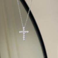 wholesale 925 Sterling Silver Fully Diamond-Cross Pendant Necklace with Exquisite Sparkling Diamonds, Luxury Minimalist Design Layering Collarbone Chain for Women-Cross Chain 925 Silver