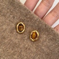 wholesale S925 Sterling Silver Caramel Chestnut Maillard Style Tiger's Eye Oval Stud Earrings, Vintage Autumn Winter Earrings with Ambience-Gold 925 silver