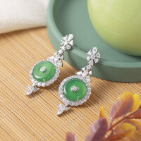wholesale S925 Sterling Silver Inlaid Direct-from-Factory New Chinese Style Celebrity-Inspired Green Chalcedony Peace Knot Drop Earrings-Chalcedony 15mm White Gold