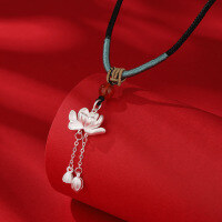 wholesale 990 sterling silver national trend lotus seed pod lotus necklace for women pure silver Xiaohongshu same style ancient method two-life joy pendant braided cord-Black rope Silver