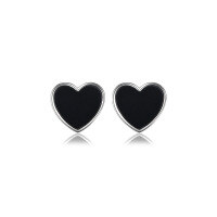 wholesale S925 Sterling Silver Black Agate Heart Stud Earrings, Heart Shape Sweet Fashion Commuting Daily Versatile Earrings-Platinum 925 silver