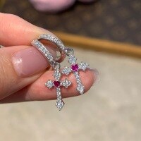wholesale 925 Sterling Silver Full Diamond Cross Hoop Ear Clasp, Small Niche Sweet and Cool Personality, High-End Sense Ear Studs Ear Clips for Men and Women-White diamond + heart red diamond (single price)  925 silver