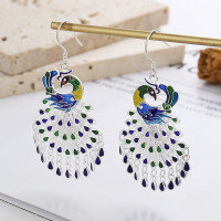 wholesale S925 Sterling Silver Enamel Peacock Luxury Tassel Earrings, Retro Ethnic Exaggerated Stage Accessories for Women-157FR/approx. 11.2g 925 silver