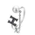 wholesale S925 Sterling Silver Korean-style Elegant Thin Chain Spliced Pearl Letter H Open Adjustable Index Finger Ring for Women-0-4