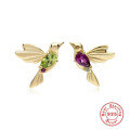 wholesale S925 Sterling Silver Enamel and Diamond Inlaid Cute Hummingbird Stud Earrings, French Style Creative Bird Jewelry-0-5