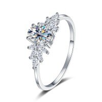 Sterling Silver Women's Moissanite Ring, Star-Cluster Design, Ready to Ship.-5*7mm 1ct Moissanite (White Gold)  US Size 6