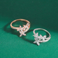 wholesale Metal Micro-Paved Light Luxury Zircon Three-Flower Marquise Ring for Women, Ins Niche Design, Trendy Japanese and Korean Minimalist Understated Style Band-Copper platinum plated