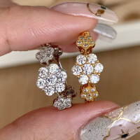 wholesale S925 Silver Rose Flower Diamond Row Ring with Multiple Ways to Wear and Geometric Design for Light Luxury Commuting-R1225 Gold Flower Ring  Size 7
