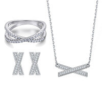 wholesale S925 Sterling Silver Cross-Shaped Pave X Letter Ring Earrings Necklace 3-Piece Set Women's Ins Style-Earrings TLED087 925 silver