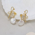 wholesale 14K Gold S925 Sterling Silver Knot Cultured Freshwater Pearl Earrings Factory Direct-0-3