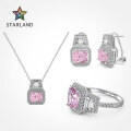 wholesale 925 Sterling Silver French-style Ring and Earrings Set for Women, Luxurious and High-end, 2-Carat Square Sugar Ice-Cut Pink Ultra-Sparkling Silver Set-0-0