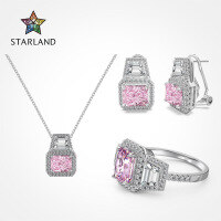 wholesale 925 Sterling Silver French-style Ring and Earrings Set for Women, Luxurious and High-end, 2-Carat Square Sugar Ice-Cut Pink Ultra-Sparkling Silver Set-DY191210-SW-WH>925 silver