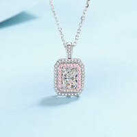 wholesale S925 Sterling Silver Moissanite Necklace for Women, Square Sugar Pendant, Korean Style Fashion Minimalist Collarbone Chain, Internet Celebrity Live Broadcast-Moissanite / 1 carat (Radiant Cut)  925 Silver