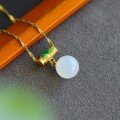wholesale 925 Silver with Certificate, Icy White Chalcedony Bead Pendant, New Chinese Style Ancient Wind Enamel Bamboo Leaf Round Bead Agate Necklace-0-1