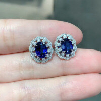 wholesale S925 Sterling Silver New High-end Jewelry Lab-grown Sapphire Suite 2 Carat Oval Ring Pendant Earrings-Sapphire earrings (1.5 carats*2)  S925