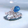 wholesale S925 Silver 7*10 Pear Shape Aqua Blue High Carbon Diamond Ring European and American Cross-Border White Gold Diamond Ring-0-1