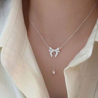 wholesale S925 Sterling Silver Minimalist Bow Tassel Pendant Necklace for Women, Spring and Summer New Collection, Small and Exquisite, Elegant Choker-Pure silver (40+5CM)