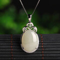 wholesale 925 Sterling Silver Inlaid White Jade Pendant with Certificate, New Large Cabochon Natural Hetian Jade Pendant for Women-0-6