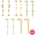 wholesale S925 Sterling Silver European Fashion Star Moon Chain Long Drop Fringe Earrings with Inlaid Diamonds and Evil Eye-0-0