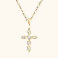 wholesale S925 Sterling Silver European and American Light Luxury Style Cross Moissanite Necklace for Women, Small Batch Design Pendant Trendy Jewelry-Gold Total 0.1 carat (chain length 45cm)