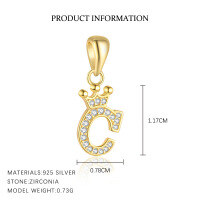 wholesale S925 Sterling Silver, Fashionable And Luxurious Crown Design With Zircon, Diy 26 English Letter Pendant Necklace, Versatile For European And American Styles-Letter C-Single Pendant/Gold 925 Silver
