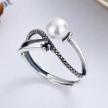 wholesale S925 Sterling Silver Korean-style Vintage Cross Pearl Ring with Black Spinel for Women, Versatile and Elegant-0-0