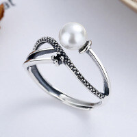 wholesale S925 Sterling Silver Korean-style Vintage Cross Pearl Ring with Black Spinel for Women, Versatile and Elegant-YFJ280/approx. 2.2g>Adjustable opening