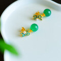 wholesale 925 Sterling Silver Gold-Plated Green Chrysoprase Earrings, Cold Enamel Flower Palace Ancient Style Jade Ear Accessories-0-2