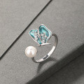 wholesale S925 Sterling Silver Korean and Japanese Minimalist Style Pearl Butterfly Adjustable Ring for Women, Simple and Elegant Gift-0-0