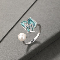 wholesale S925 Sterling Silver Korean and Japanese Minimalist Style Pearl Butterfly Adjustable Ring for Women, Simple and Elegant Gift-Pearl Open Ring>Adjustable Opening