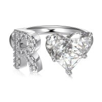 wholesale S925 Sterling Silver European and American Cross-Border Women's Ring with Personalized Letters, Heart, Zircon Inlaid, Adjustable Opening Silver Jewelry for Women-Platinum DY121166-SW-WH(R) Adjustable opening