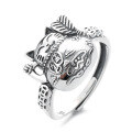 wholesale S925 Sterling Silver Retro Matte Antique Craft Fortune Cat Holding a Banana Leaf Fan Style Adjustable Ring-0-5